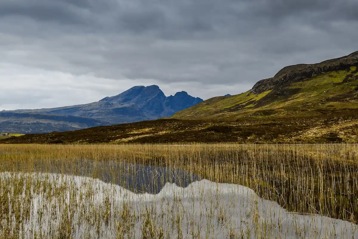 Marshy loch with reeds, grassy hills, and a distant mountain under cloudy skies on the Isle of Skye in Scotland.